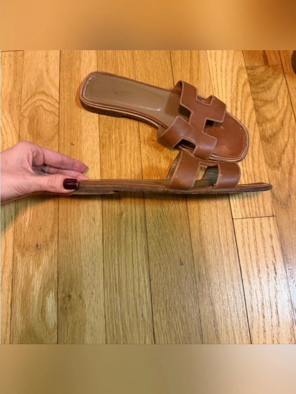 Hermes Oran Brown Leather Slide Sandals - Picture 7 of 9